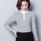 Stand Collar Long-sleeve Striped Top