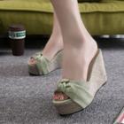 Bow-accent Wedge-heel Slide Sandals