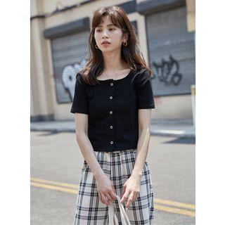 Plain Short-sleeve Square-neck Button Cropped T-shirt Black - One Size