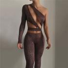 Snake Print One-shoulder Long Sleeve Cut-out Jumpsuit