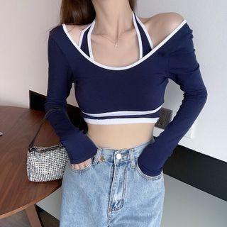 Set: Long-sleeve Contrast Trim Crop Top + Halter-neck Crop Top
