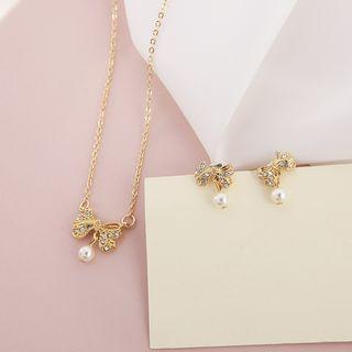 Faux Pearl Rhinestone Bow Pendant Necklace / Dangle Earring