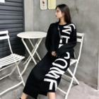 Lettering Long-sleeve Loose-fit Knit Dress As Figure - One Size
