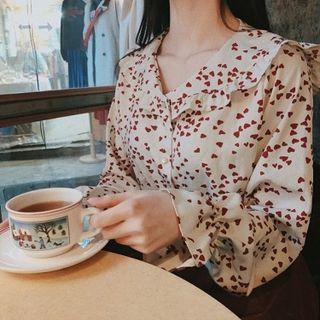 Long-sleeve Frill Trim Heart Patterned Buttoned Chiffon Top White - One Size