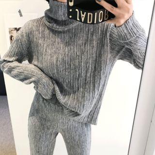 Set: Turtle-neck Ribbed Knit Top + Band-waist Pants