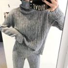 Set: Turtle-neck Ribbed Knit Top + Band-waist Pants