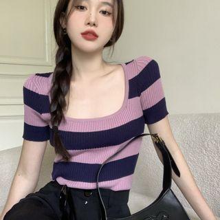 Short-sleeve Two-tone Striped Knit Top Purple - One Size