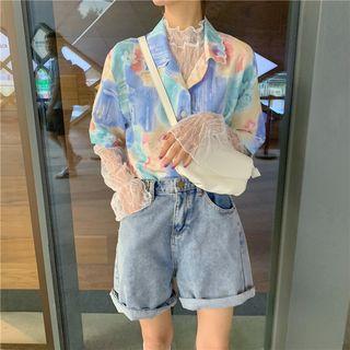 Long-sleeve Lace Top / Elbow-sleeve Printed Shirt
