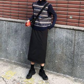 Pattern Printed Knit Vest / Long-sleeve Mock Neck Plain Top / High-waist Split Hem Skirt