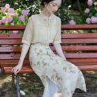 Set: Puff-sleeve Plain Blouse + Floral Midi Pencil Skirt