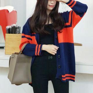Color Block V-neck Cardigan As Shown In Figure - One Size