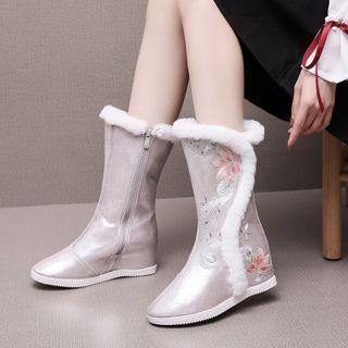 Flower Embroidered Hidden-wedge Hanfu Mid-calf Boots