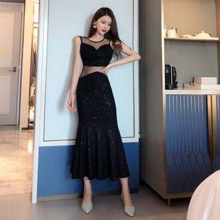 Sleeveless Midi Mesh Panel Mermaid Dress