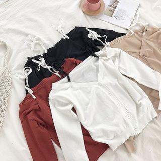 Single-breasted Off-shoulder Ribbon Lace-up Knit Top