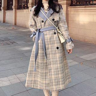 Long-sleeve Plaid High-neck Woolen Coat