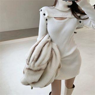 Long-sleeve Turtleneck Cutout Knit Dress As Shown In Figure - One Size
