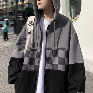 Checkerboard Panel Zip-up Hoodie