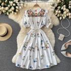 Embroidered Round-neck Flower Print Puff-sleeve Dress