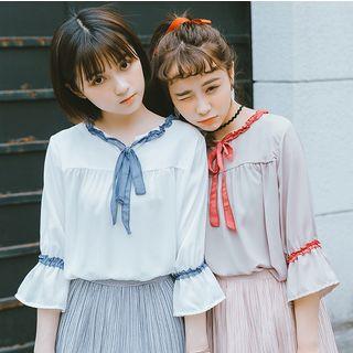 Contrast Trim Bow Accent 3/4 Sleeve Blouse