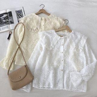 Plain Fringed Peter-pan Collar Long-sleeve Blouse