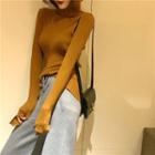 Hooded Long-sleeve Knit Top Coffee - One Size