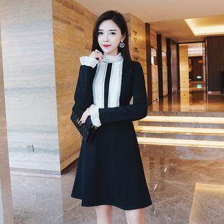 Mock-neck Lace-trim A-line Dress