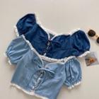 Short-sleeve Lace Up Denim Cropped Blouse