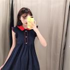 Color-block Frilled Slim-fit Sleeveless Dress Navy Blue - One Size
