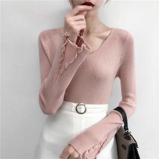 Bell-sleeve Fringed Ribbed Knit Top
