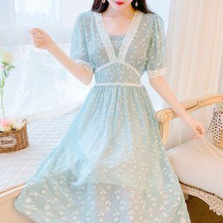 Puff-sleeve Lace-trim Floral A-line Dress