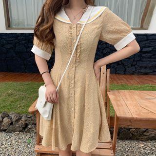 Collared Short-sleeve Mini A-line Dress As Shown In Figure - One Size