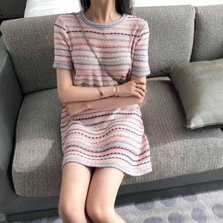 Striped Short-sleeve Knit A-line Dress