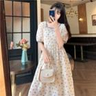 Square-neck Floral Embroidered Puff-sleeve Top / Dress
