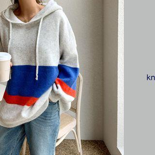 Color-block Knit Hoodie Blue - One Size