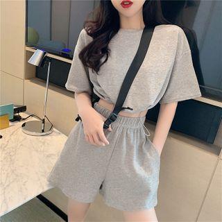 Set: Drawstring-hem Crop T-shirt + Wide Shorts