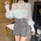 Lantern-sleeve Mesh Blouse / Camisole / Tweed Shorts / Set
