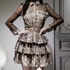 Set: Mesh Panel Long-sleeve Top + Printed Tiered Skirt