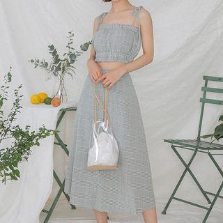 Set: Check Cropped Camisole Top + A-line Midi Skirt