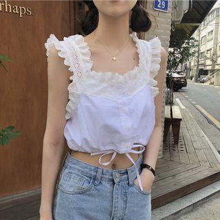 Drawstring Ruffle Trim Cropped Tank Top As Shown In Figure - One Size