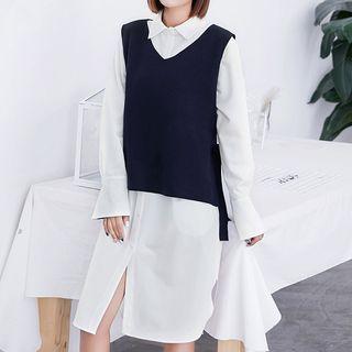 Long-sleeve Midi Shirt Dress / Vest