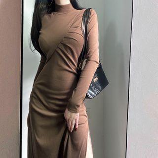 Mock-neck Plain Long-sleeve Slit Maxi Dress