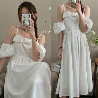 Cap Sleeve Off-shoulder Bow Accent Pleated A-line Dress