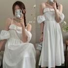 Cap Sleeve Off-shoulder Bow Accent Pleated A-line Dress