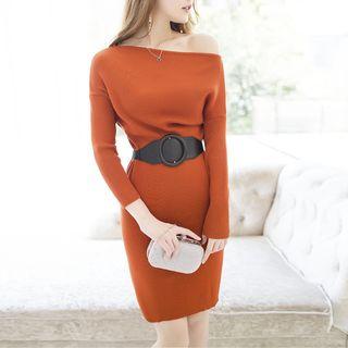 Set: Single-shoulder Mini Sweater Dress + Belt