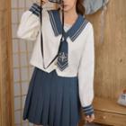 Printed Sailor Collar Blouse / Mini Pleated Skirt