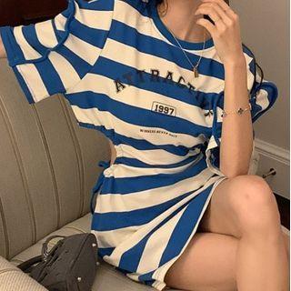 Short-sleeve Striped Cut-out Dress Stripe - One Size