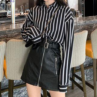 Striped Shirt / Faux Leather Zip-up A-line Skirt