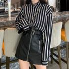 Striped Shirt / Faux Leather Zip-up A-line Skirt