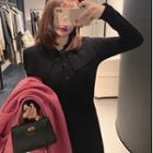 Long-sleeve Tie-waist Knit Midi A-line Dress