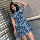Set: Printed Short-sleeve Mini A-line Dress + Slipdress